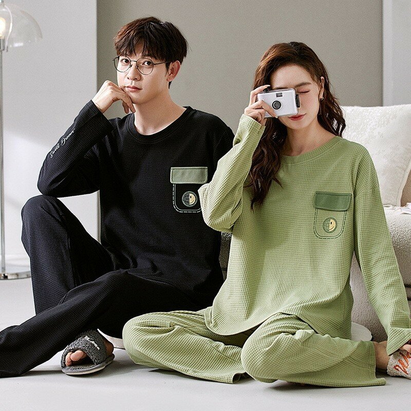 Пижамный комплект для пар, хлопковая одежда для сна, брюки с длинным рукавом, корейский стиль, большие размеры, осень