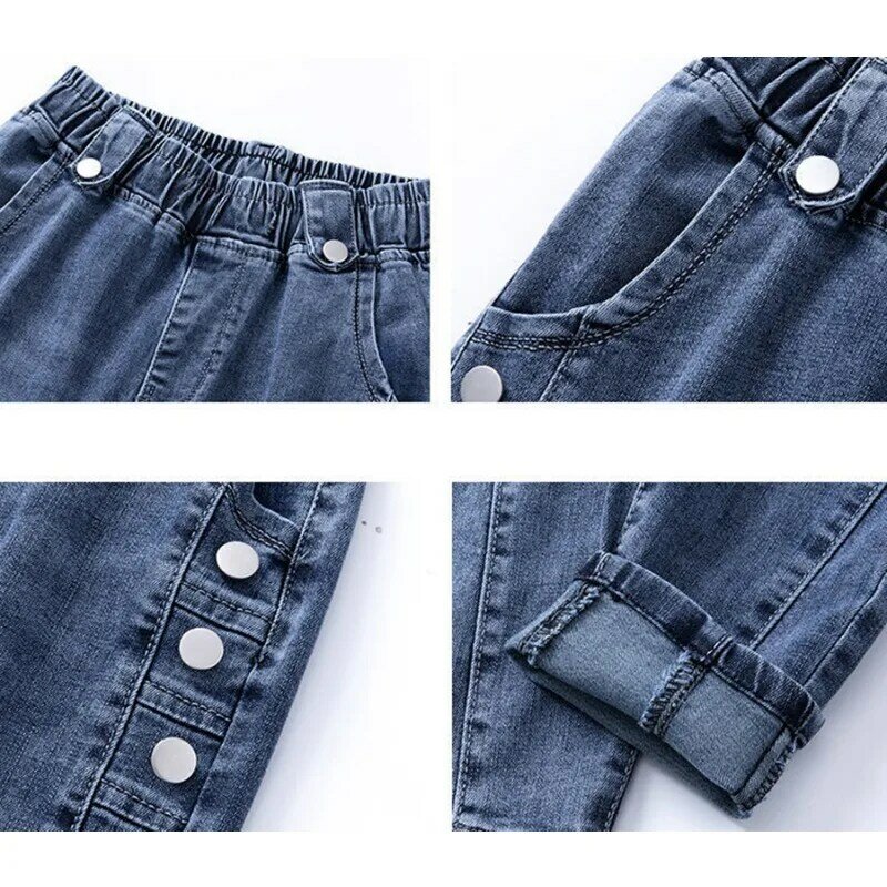Jeans lápis magro de cintura alta feminino, streetwear coreano, calça jeans fina, botão casual, Jeansy vintage, elástico