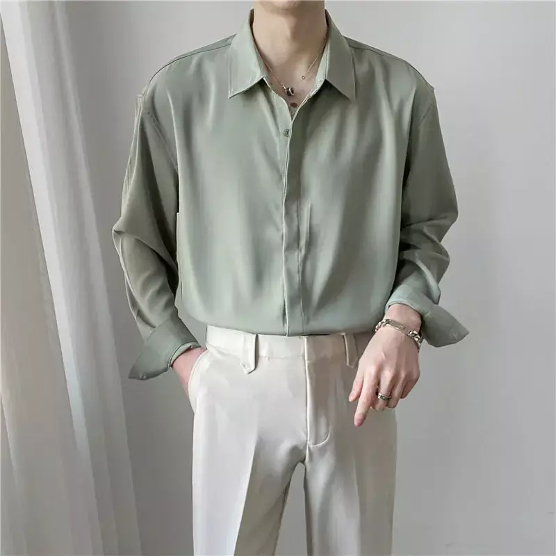 Camisa de seda de hielo para hombre, camisa holgada de manga larga con botones ocultos, Color sólido, de alta calidad, de lujo, a la moda, para negocios