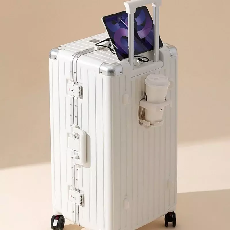 スタイリッシュな大型アップグレードされたアルミニウムフレームの旅行かばん、コンピューターのダッフルバッグ、ユニバーサルルーレット、USBトラベルスーツケース、24インチ