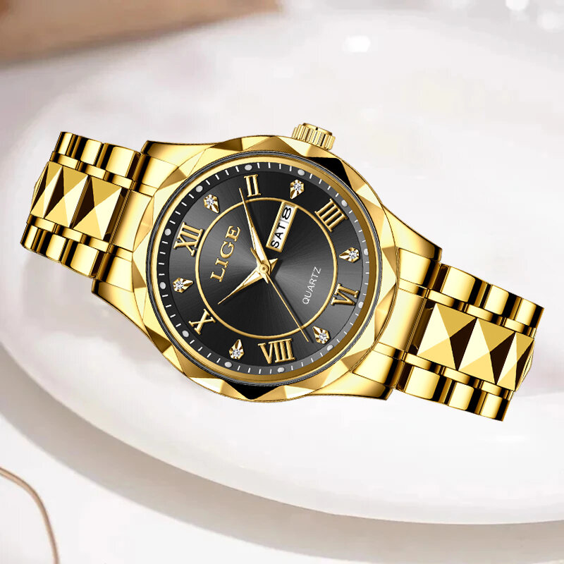 LIGE-Montre habillée de luxe pour femme, montre-bracelet étanche, acier inoxydable doré, montres à quartz pour femme, boîte incluse