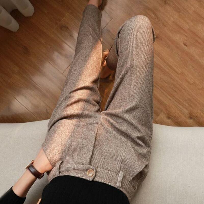 Women Pants Solid Color Suit Pants Herringbone Print Women's Suit Pants High Waist Slim Fit Thick Warm with Pockets for Formal