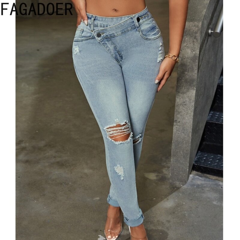 FAGADOER celana pensil Skinny Denim lubang mode biru muda celana jeans kancing pinggang tinggi wanita celana koboi elastis