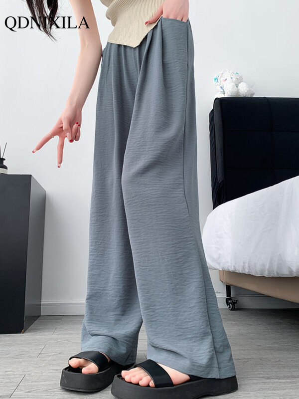 Saggy Ice-Pantalon taille haute pour femme, Jambes larges, Mode coréenne élégante, Mince, Été, Nouveau, Fjfor