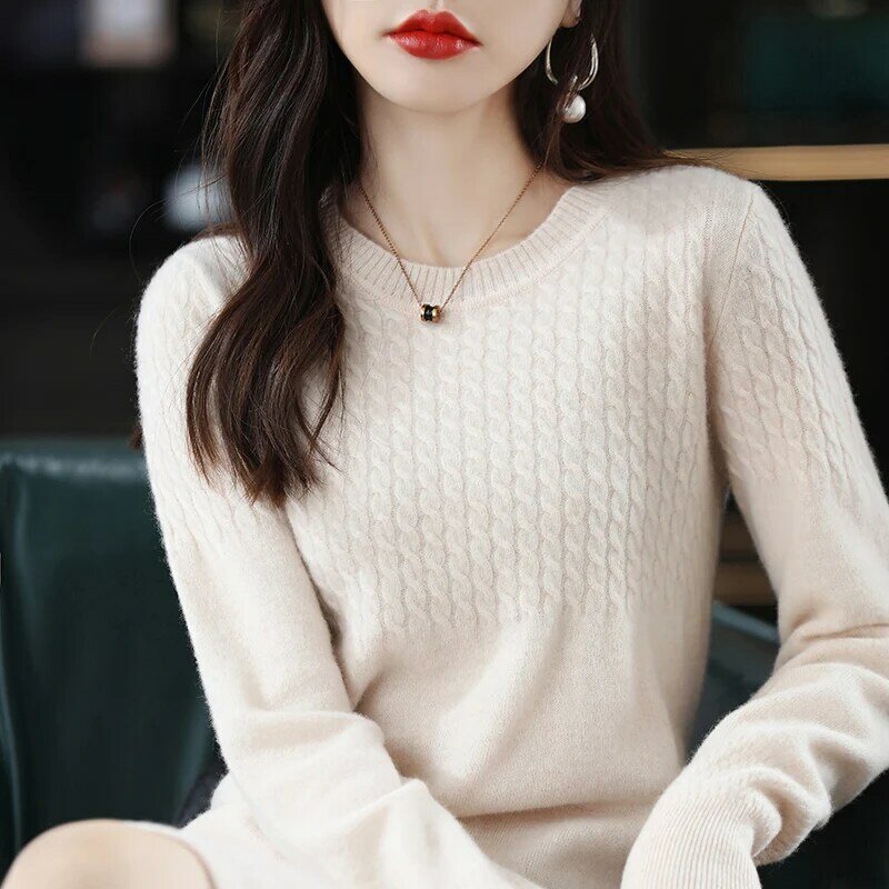 Vestido de lana pura para mujer, suéter de longitud media, falda de cuello redondo de punto, moda Allmatch, Color sólido, otoño e invierno, 100%
