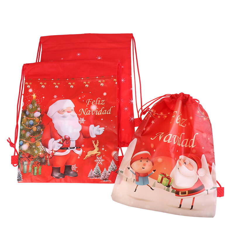 กระเป๋าหูรูดลายซานตาคลอสสำหรับเด็กกระเป๋าเป้ผ้านอนวูฟเวนสำหรับงานวันเกิดอุปกรณ์สำหรับการเดินทาง