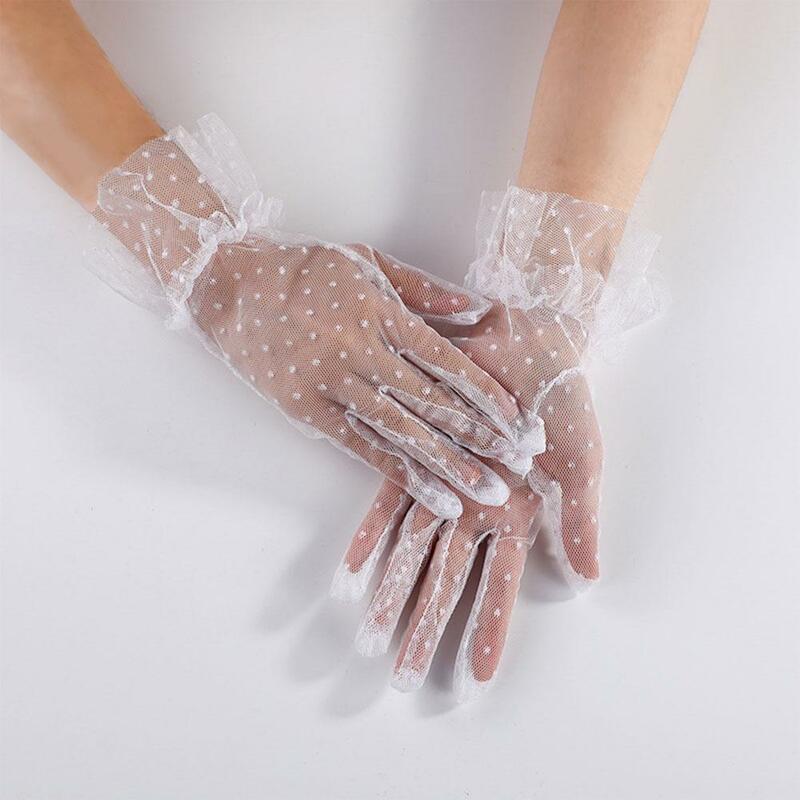 ถุงมือลูกไม้ลายจุดหรูหราสำหรับผู้หญิงงานแต่งงานฮาโลวีนปาร์ตี้ถุงมือลูกไม้สั้นสง่างามถุงมือฤดูร้อน