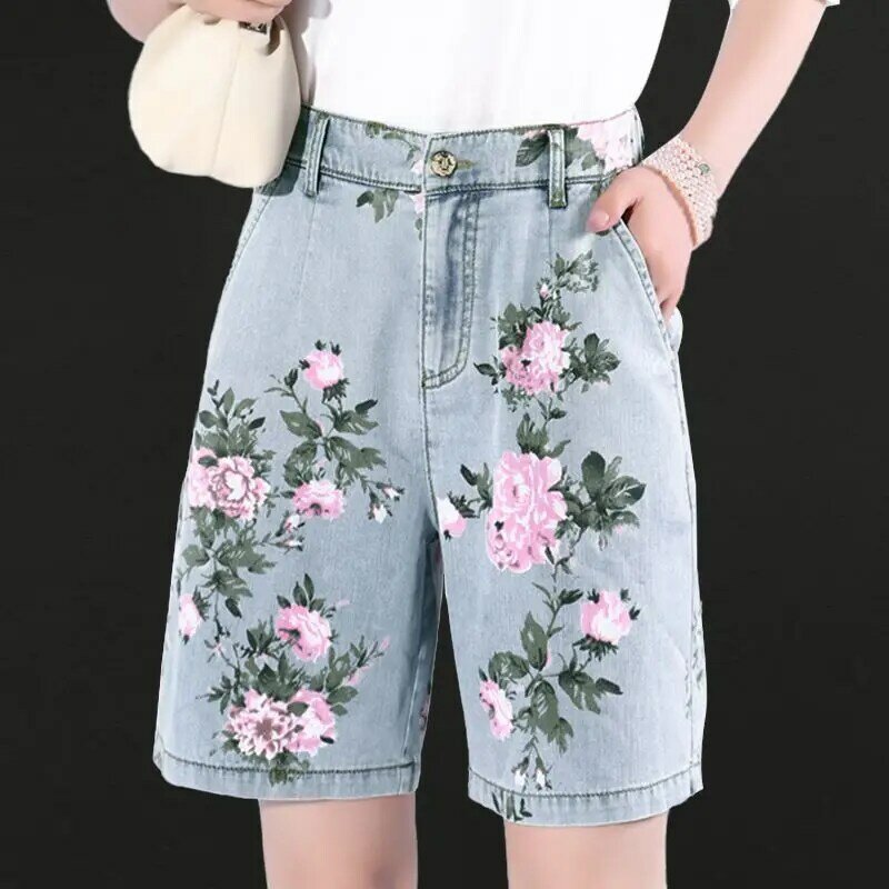 女性のワイドレッグジーンズ、花柄、ボタン、ジッパーポケット、カジュアルで薄い、ルーズストレートパンツ、新しい用途の広い絵画、夏のファッション