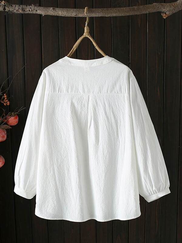 ZANZEA-Blusa bordada folgada para mulheres, tops com o pescoço, manga comprida casual, camisa de botão, túnica extragrande, sólida, elegante, verão, 2022