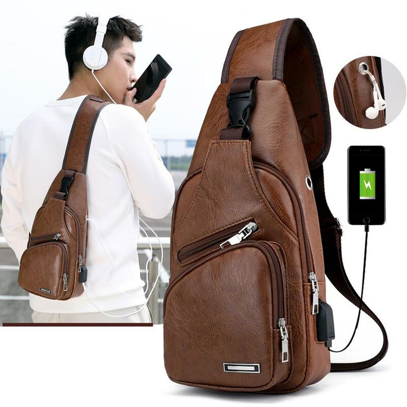 Men USB Charging Chest Bag Travel Hiking CrossBody Bag Male Messenger Bag For Men Leather Chest Pack Sling Bag G7Y8