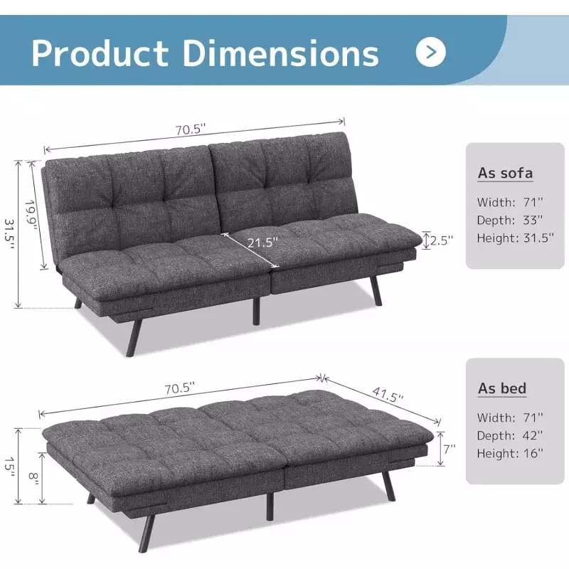 Futon Sofa Bed, Memory Foam Foldable Couch Convertible Loveseat Sleeper Daybed with Adjustable Armrests for Small Space, Studio,