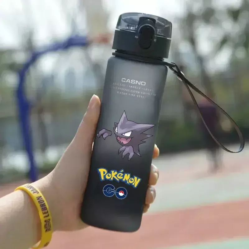 Pokémon Gengar Large Capacity Sports Water Bottle, Kawai Pikachu, Outdoor, Preto, Portátil, Plástico, Desenhos animados, 560ml