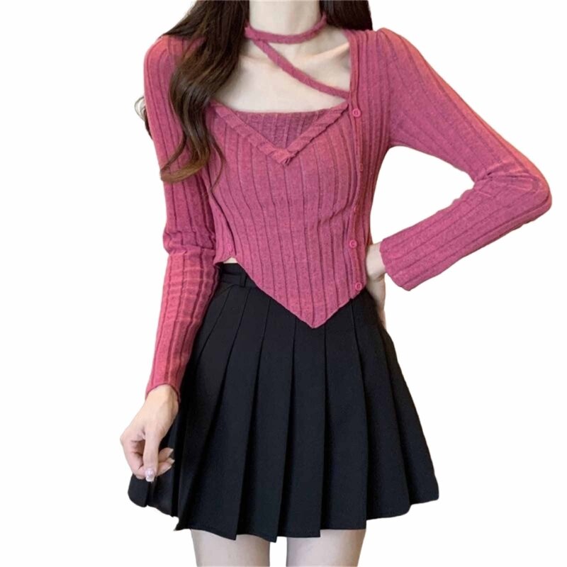 Suéter fino feminino cor sólida, manga comprida, malha canelada, halter irregular, top crop, dropship