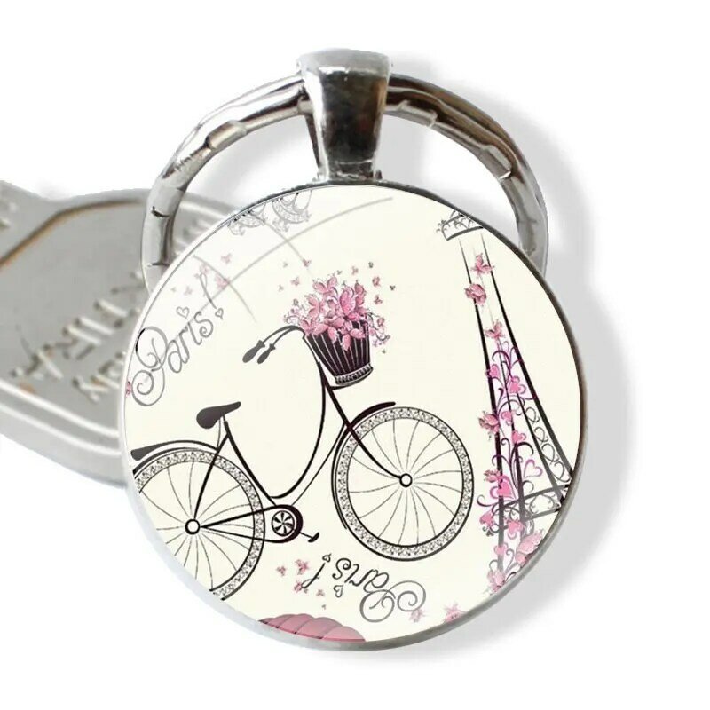 Keychain Handmade Glass Cabochon Key Ring Holder Pendant Key Chains Girl loves pink bicycle