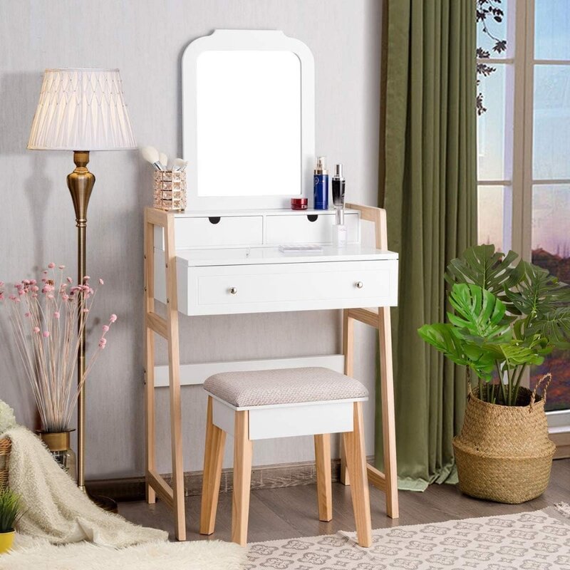 Komody, zestaw toaletki z 3 szufladami, biurko z wielkie lustro i wyściełany stołek, idealny do małego mieszkania, komody