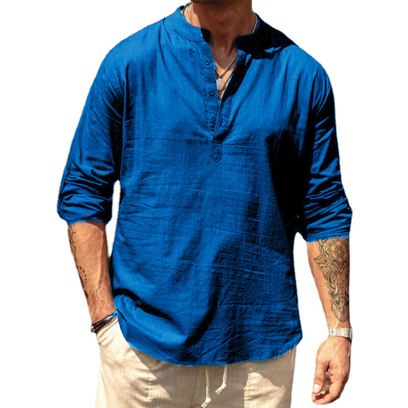 Рубашка Мужская льняная с длинным рукавом, свободная блузка из хлопка, корейский стиль, одежда с воротником, однотонная, 5XL, на весну