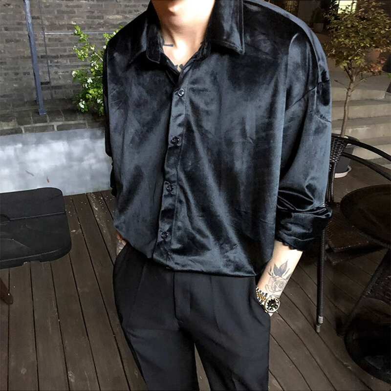 Blusa de manga larga de terciopelo Retro para hombre, camisa holgada con botones, cuello de banda, color negro/rojo vino, Ideal para vestido de fiesta