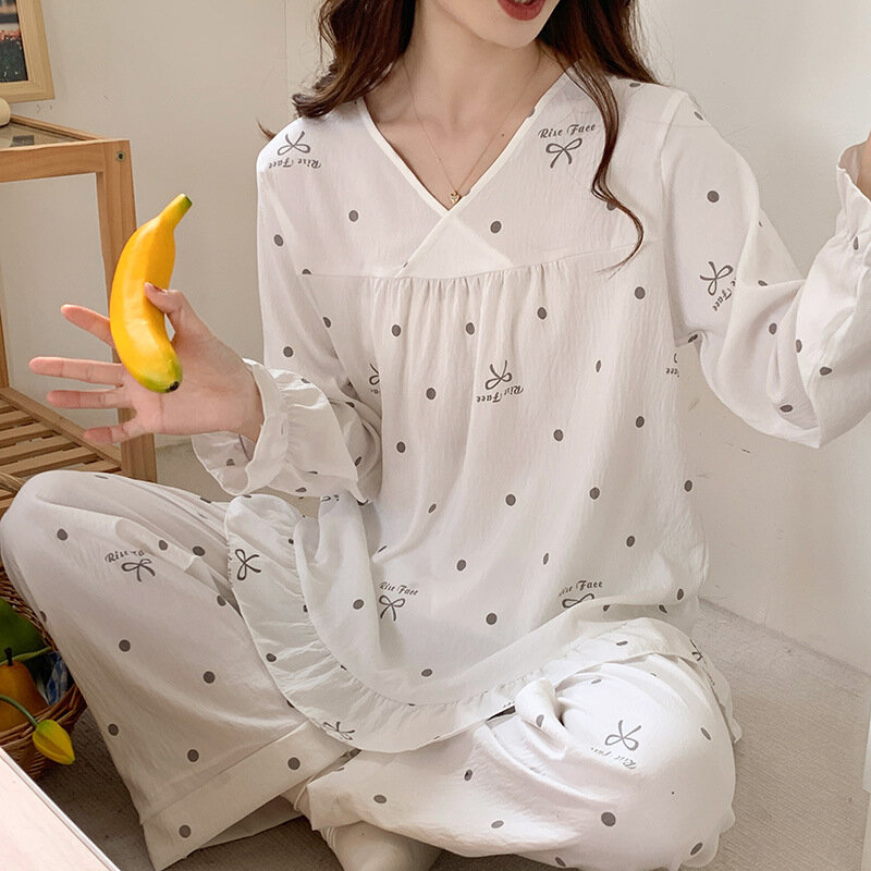 Conjunto pijama de algodão feminino de duas peças, nuvem fina, decote em v, estampa simples, calças de manga comprida, roupa doméstica, roupas femininas, primavera