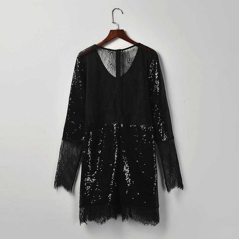 Damen Abendkleider Langarm tief V-Ausschnitt transparente Spitze Stickerei Glitzer funkelnde Pailletten Bodycon Kleid schwarzes Kleid