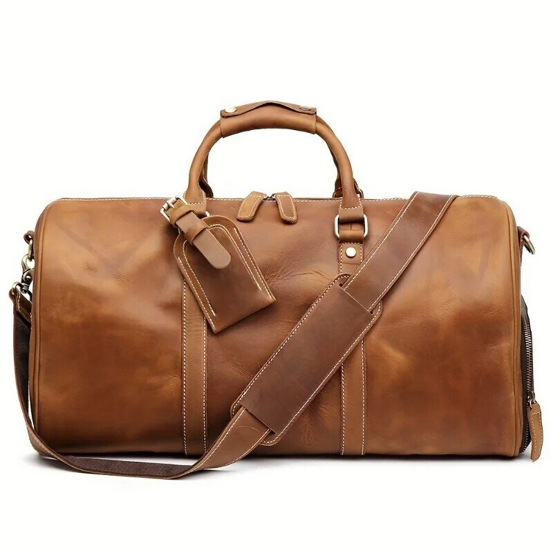 Genuine Leather Duffel Bag Vintage Style Large Capacity Luggage Travel Bag with Shoe Compartment Detachable Shoulder Strap Brown