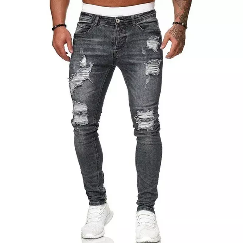 Jeans skinny rasgado para homens, calça jeans monocromática, calça lápis slim fit, jeans vintage, estilo de rua, moda casual, venda quente