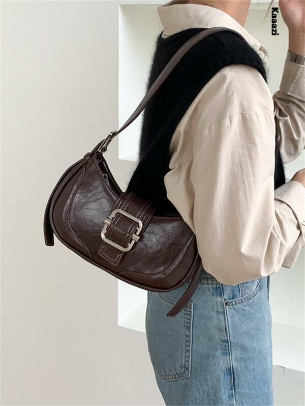 Bolsa de couro meia lua feminina, bolsa tiracolo de ombro com ferrolho, designer de luxo, bolsas axilas, moda hobo, vintage, 2023