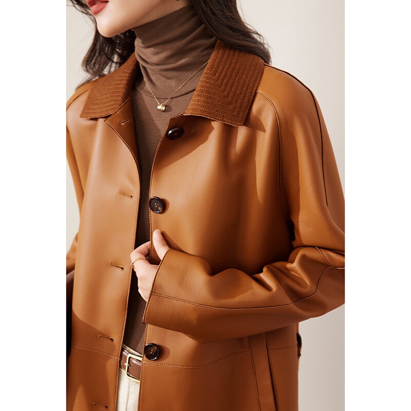 Veste en cuir véritable à boutonnage simple pour femme, manteau à revers, manteau en peau de mouton moyen à long, vêtements d'automne, haute qualité