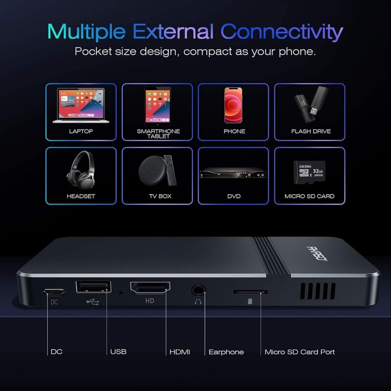 AKASO 포켓 사이즈 DLP 휴대용 미니 프로젝터, 지지대 HDMI 와이파이, 충전식 배터리 내장 스테레오 스피커