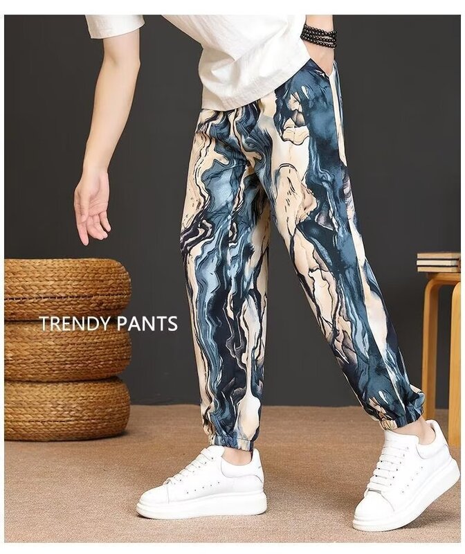 Pantalones casuales de tiro medio para hombre, pantalones de chándal transpirables versátiles, estilo étnico, estampado Retro, ropa de calle