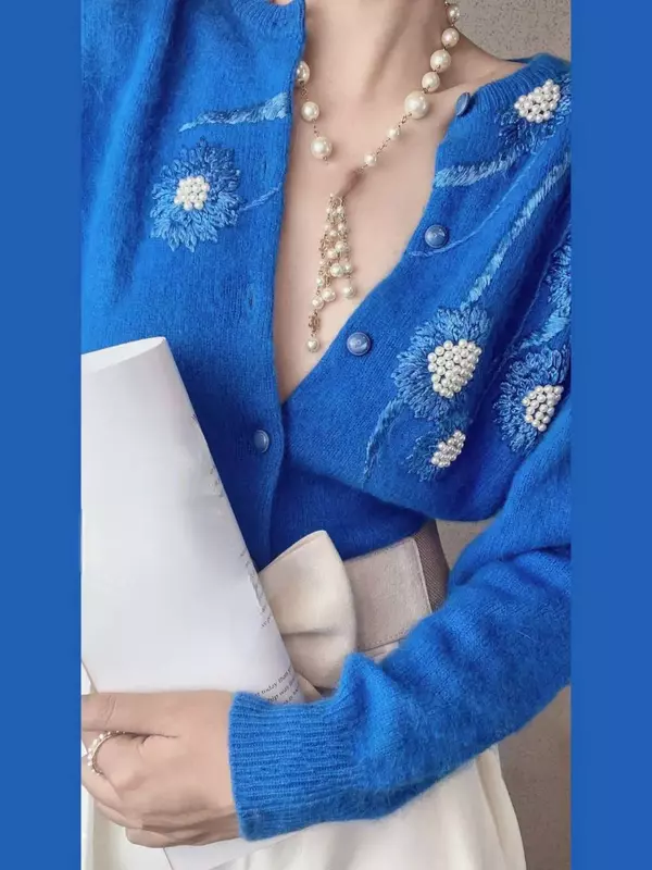 Suéter feminino bordado de malha azul, cardigã com pérolas, suéteres de tricô, moda primavera e outono, estilo coreano
