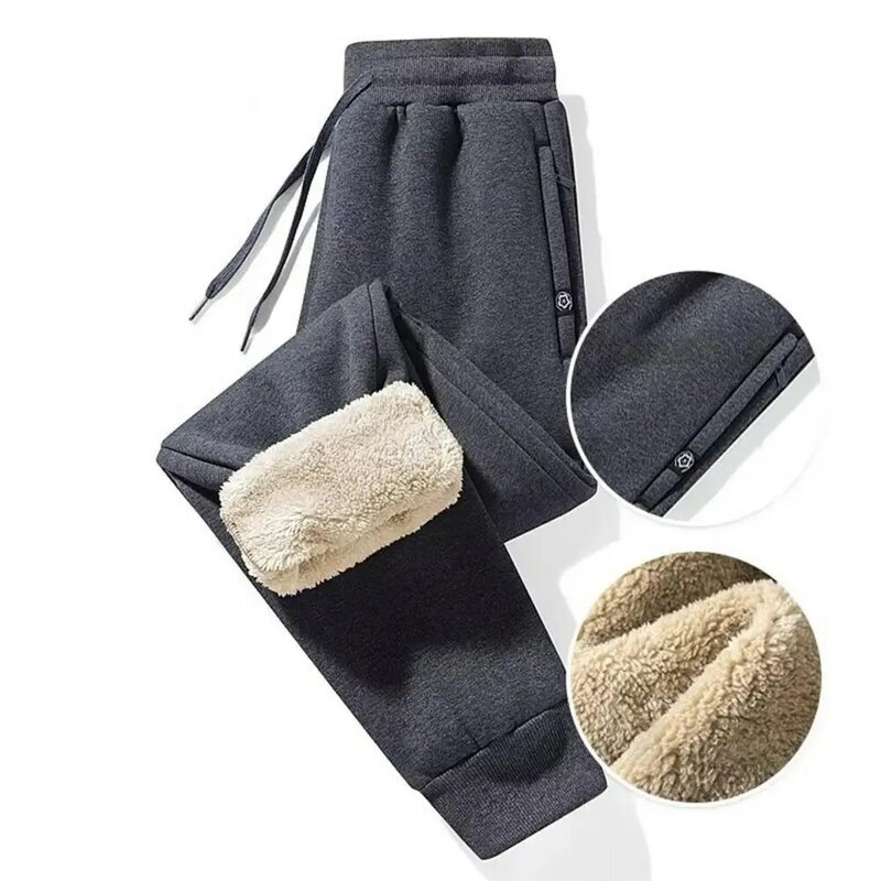 Reinforced Pocket Pants for Men Warm Men Trousers Thick Plush Men's Winter Pants Drawstring Elastic Waist Zipper Pockets Soft