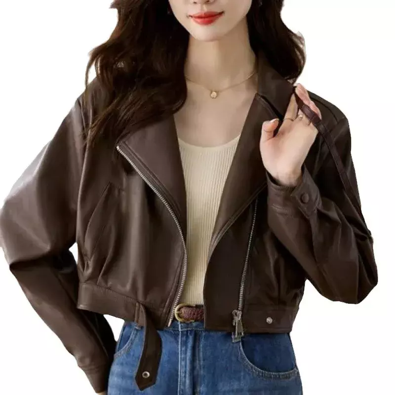 2023 Women Vintage Loose Pu Faux Leather Short Jacket with Belt Streetwear Female Zipper Retro Moto Biker Coat Outwear Tops