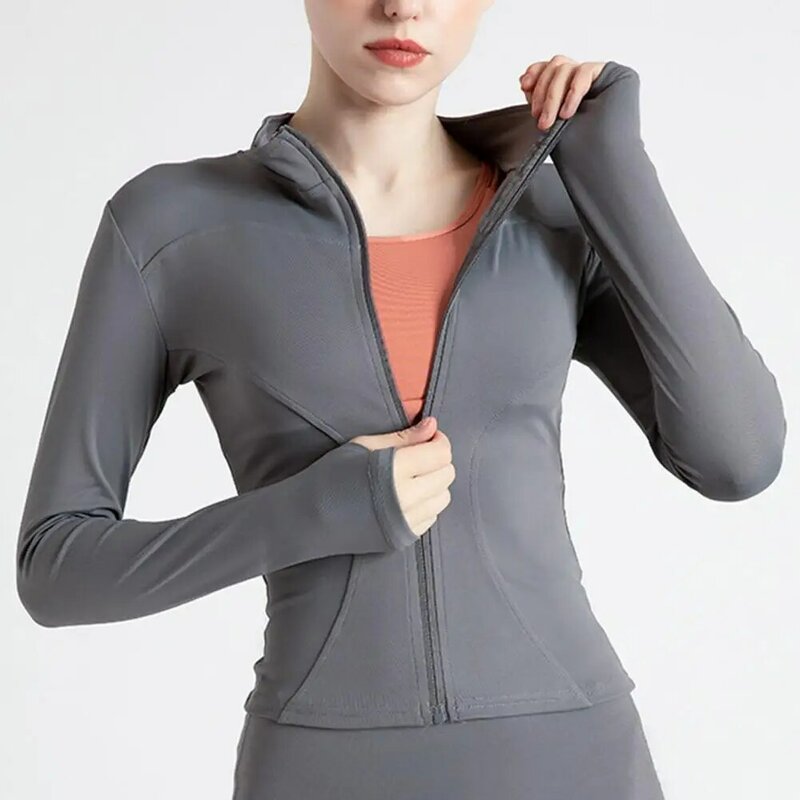 Jaqueta feminina de gola rápida, jaqueta esportiva macia, absorção de suor, ajuste fino, fechamento elástico, manga comprida