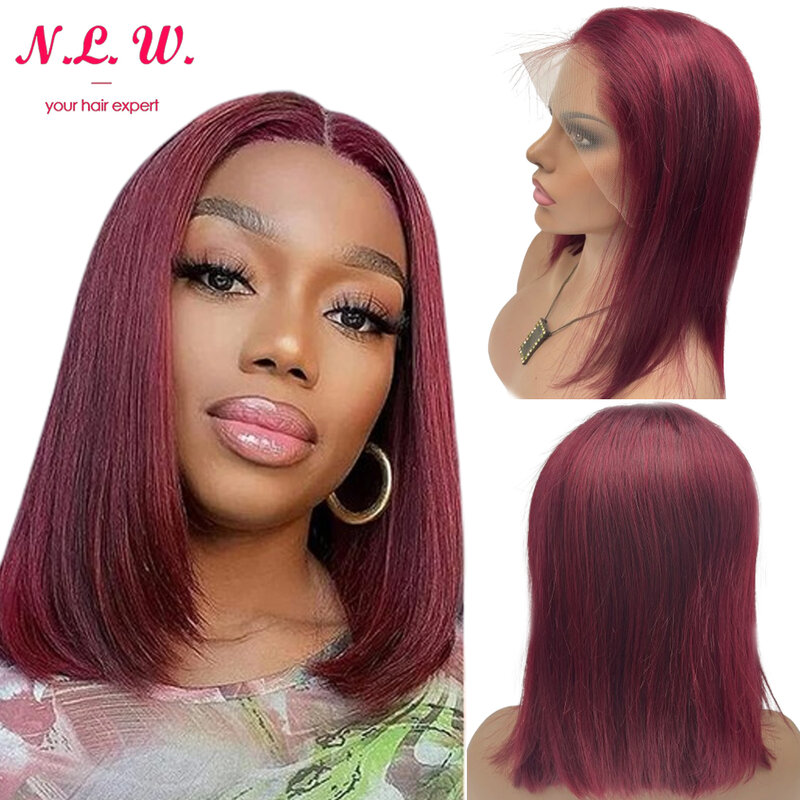 N.L.W-Peluca de cabello humano liso de 13x4 para mujer, postizo de encaje frontal, corte Bob corto, 12 pulgadas, 180% de densidad, color 99J