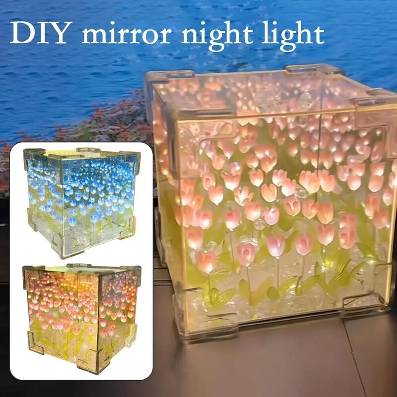 Tulip Night Light fatto a mano materiale fai da te letto Desktop ornamento Decor Light Birthday Atmosphere Box regali per la festa della mamma specchio E9X2