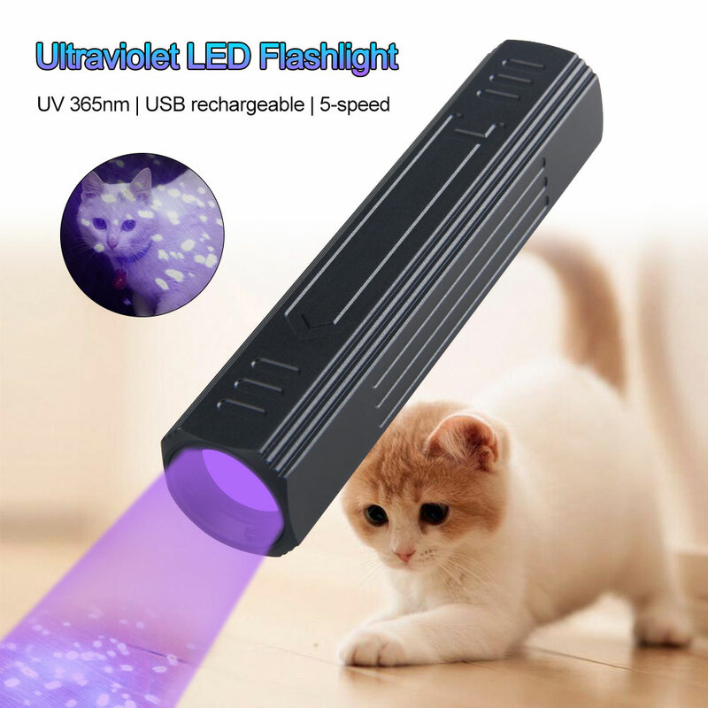 Linterna UV recargable por USB, luz negra de 365nm, ultravioleta, Detector de manchas de orina de mascotas