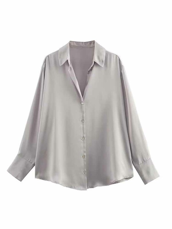 Блузка Женская атласная однотонная, модная повседневная Свободная рубашка с длинным рукавом, на пуговицах, шикарный топ