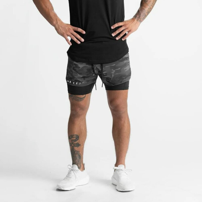 Pantaloncini doppi sportivi per il fitness muscolare pantaloncini corti sportivi casual da uomo per uomo