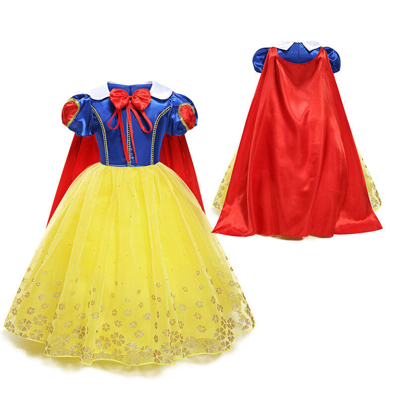 Disney Princess Girl Costume Snow White Cosplay Puff Sleeve with Cape Halloween Dress Up Party Child Girl Birthday Gowns 2-8Y