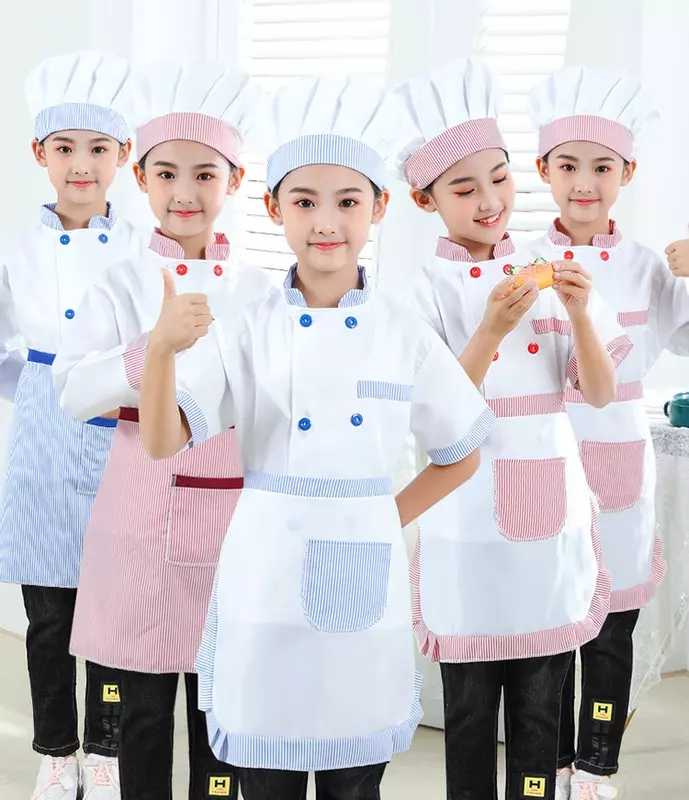 Kids Cook Tshirt Chef Uniform Children Kitchen Hat Cap Work Jackets Restaurant Halloween Performance Stage Party Cosplay Costume