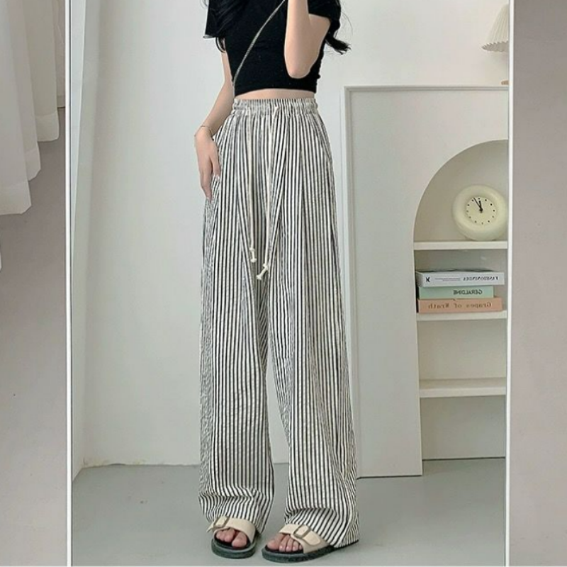 American Vintage Trendy Vertical Stripe Wide Leg Pants Women Summer Elastic High Waist Drawstring Pocket Loose Straight Trousers