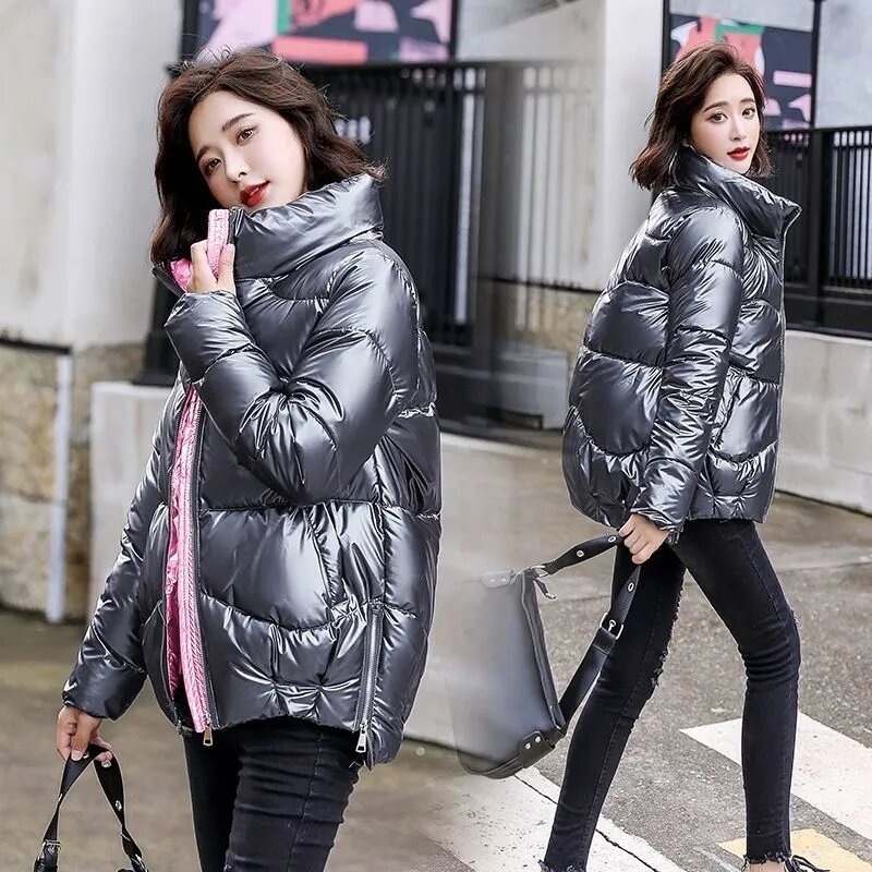 Jaqueta de algodão solta coreana para mulheres, casaco curto brilhante, parkas grossos quentes, inverno, novo, 2023