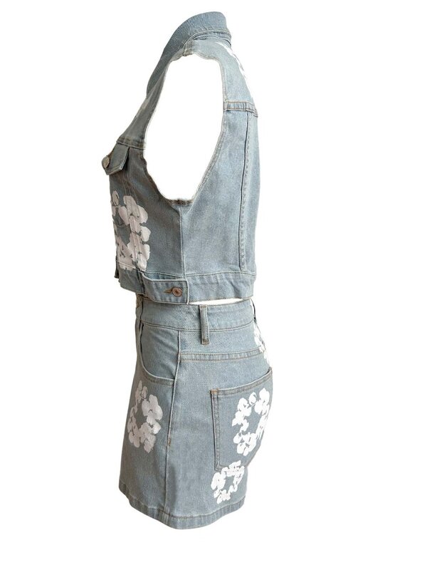Set di due pezzi in Denim con stampa floreale donna estate colletto rovesciato senza maniche monopetto Crop top + pantaloncini Jeans Casual abiti
