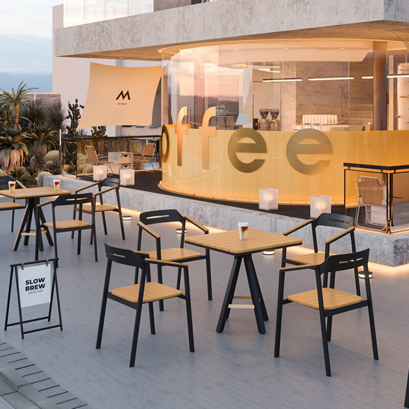 Ensemble de tables et chaises d'extérieur, bar clair, restaurant barbecue, terrasse, cour, 73 bars
