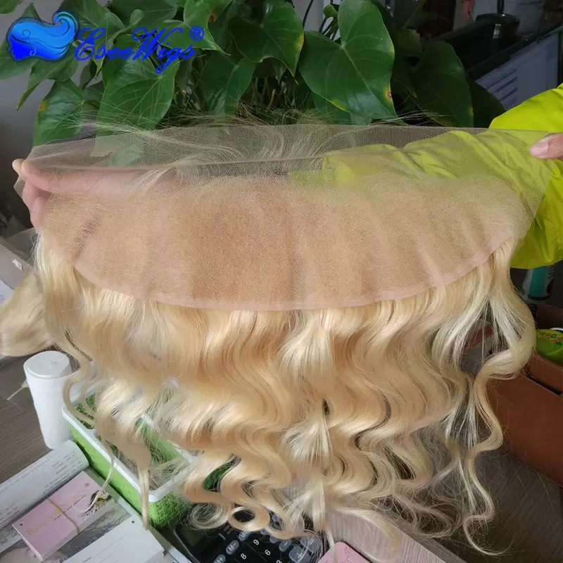 Eseewigs blond 613 13X4 koronkowe przednie ciało fala peruwiańskie włosy Remy przezroczyste koronkowe przednie zamknięcie dziecięce włosy bielone węzły