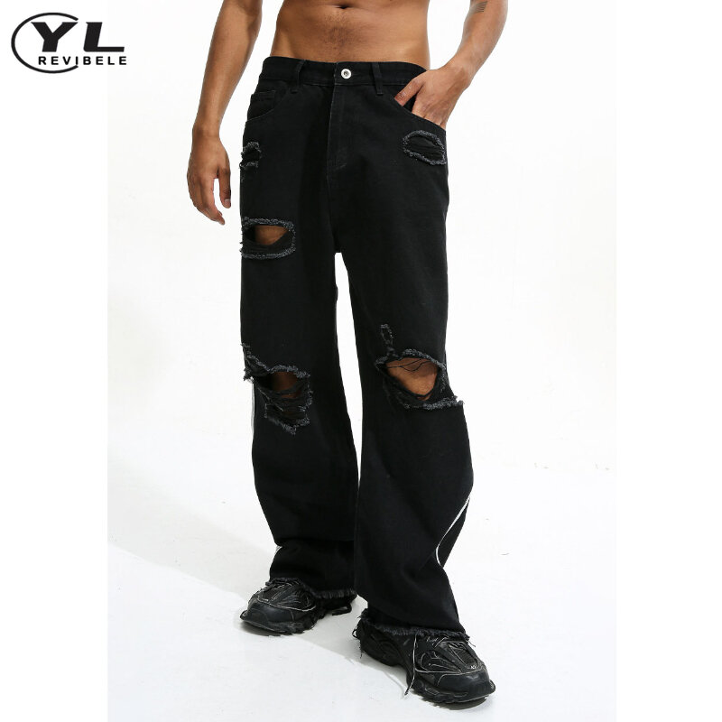Hole Washed Wide Leg Jeans Street Man Woman Casual Vertical Grain Industry Denim Pants Unisex Hip Hop Gothic Straight Trousers