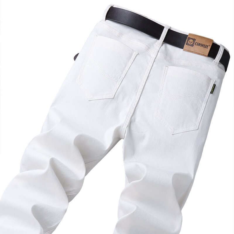 Four Seasons Stretch Business Denim Jeans For Mens Regular Fit Straight Casual Male Pants White Khaki Red Cotton Trousers