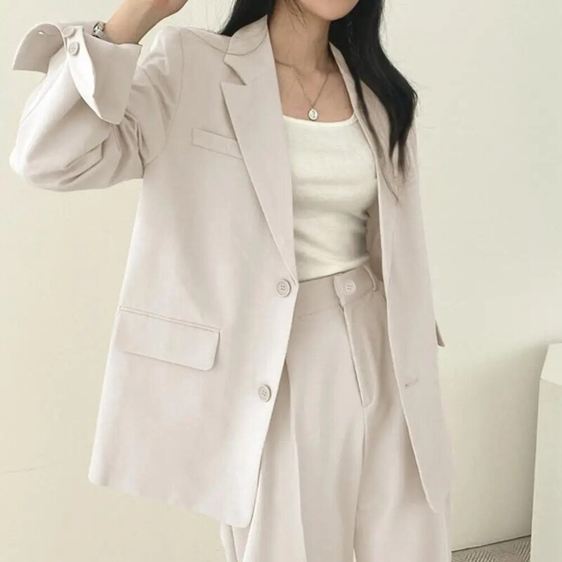 Loose Fit Chic Women's Workwear Loose Fit Lapel with Flap Pockets for Spring Autumn Seasons Solid Color