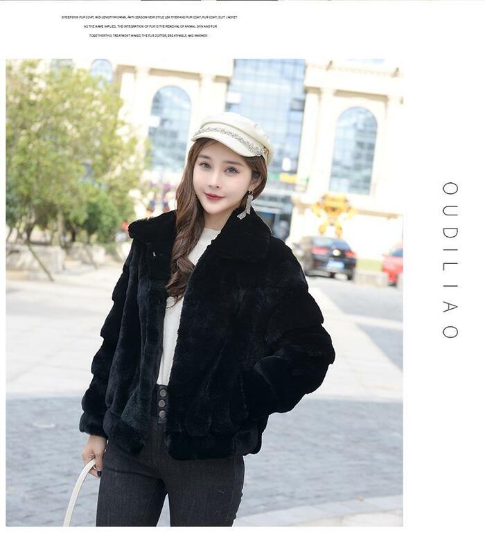 New Fashion Lady 100% Natural Rex Rabbit Fur Coat Women Winter Thick Warm Real Rex Rabbit Fur Jacket With turndown collar