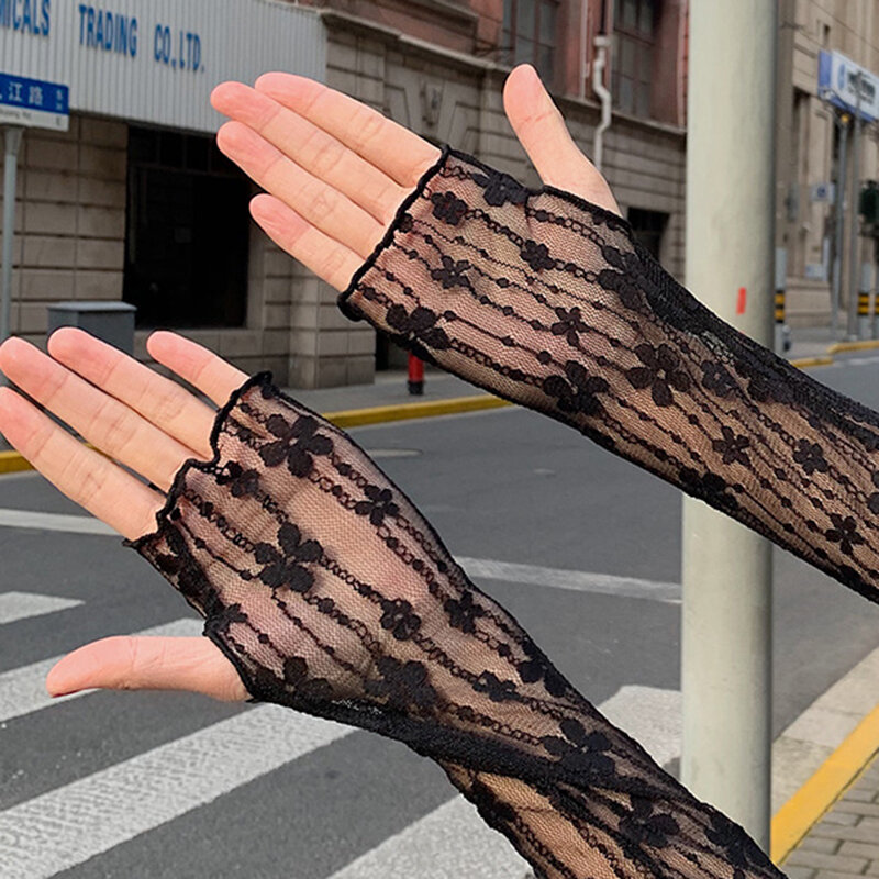Summer Sunscreen Shade Sleeves Female Women Lace UV Thin Breathable Oversleeves Outdoor Cycling Driving Fingerless Sleeves